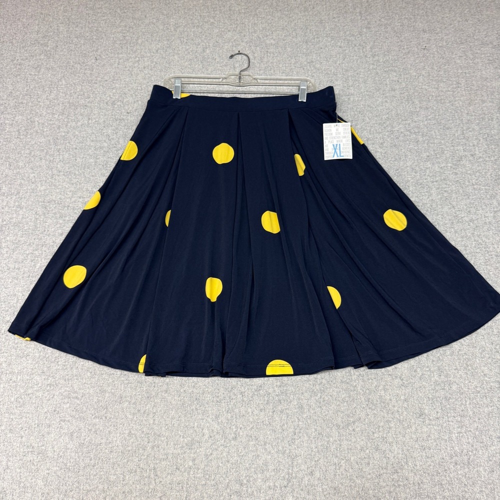 LuLaRoe Madison Skirt XL Navy Blue Yellow Polka Dot Pleated Pockets NWT Midi New